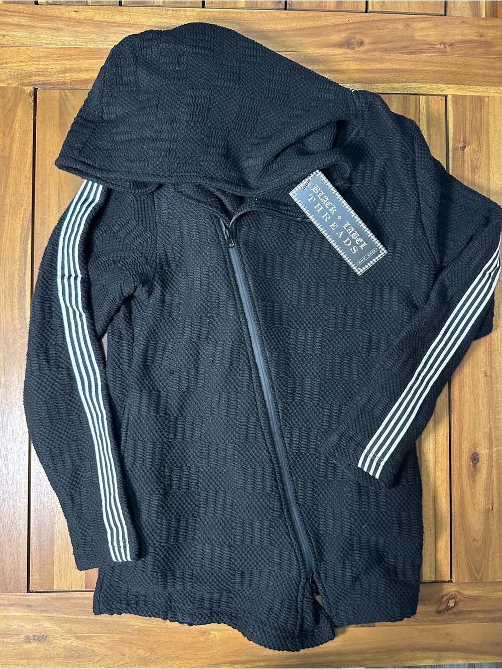 Men's Black Hooded Zip Sweater with White Sleeve Stripes